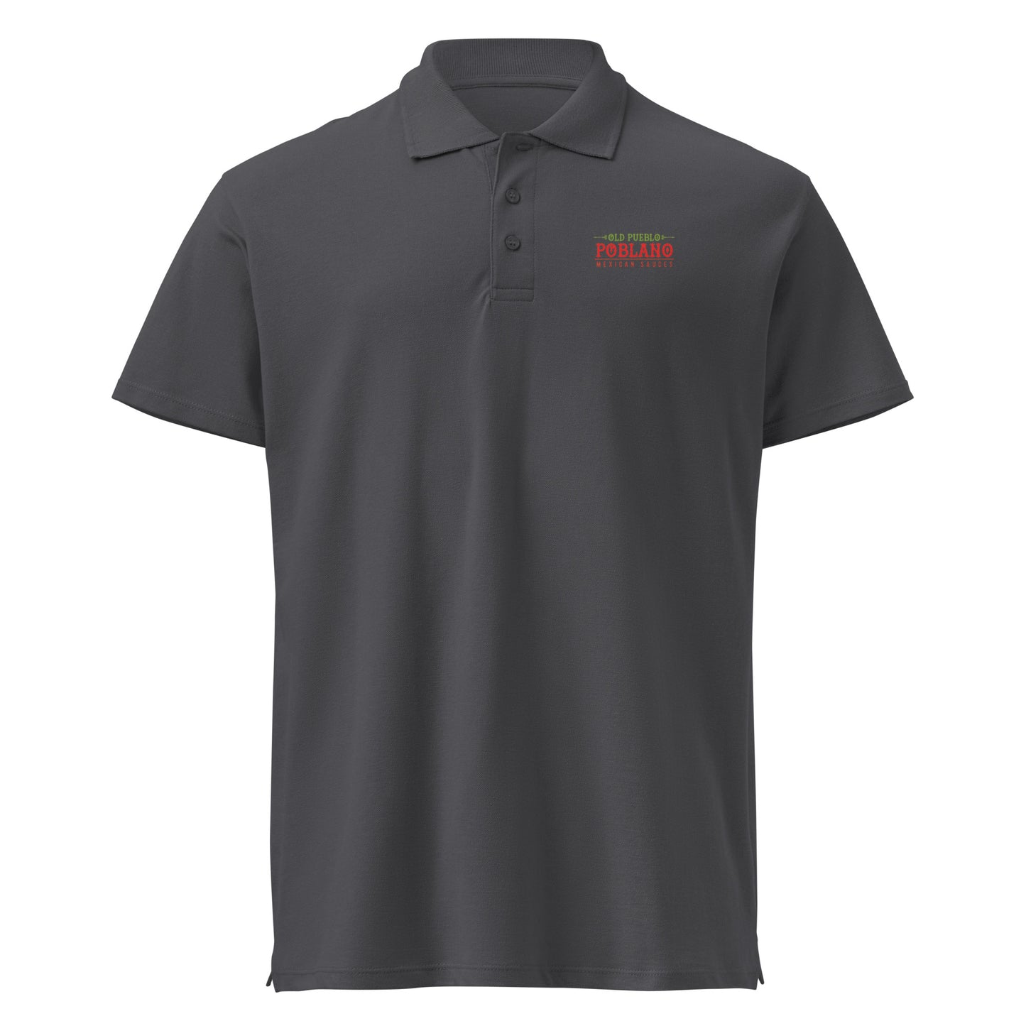 Mouse Grey polo shirt with an Old Pueblo Poblano logo on the chest against a white background