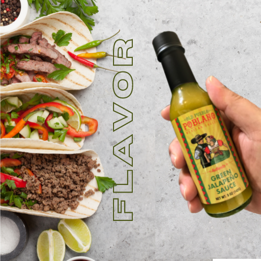 Hand holding Green Jalapeno Sauce Emphasizing Flavor