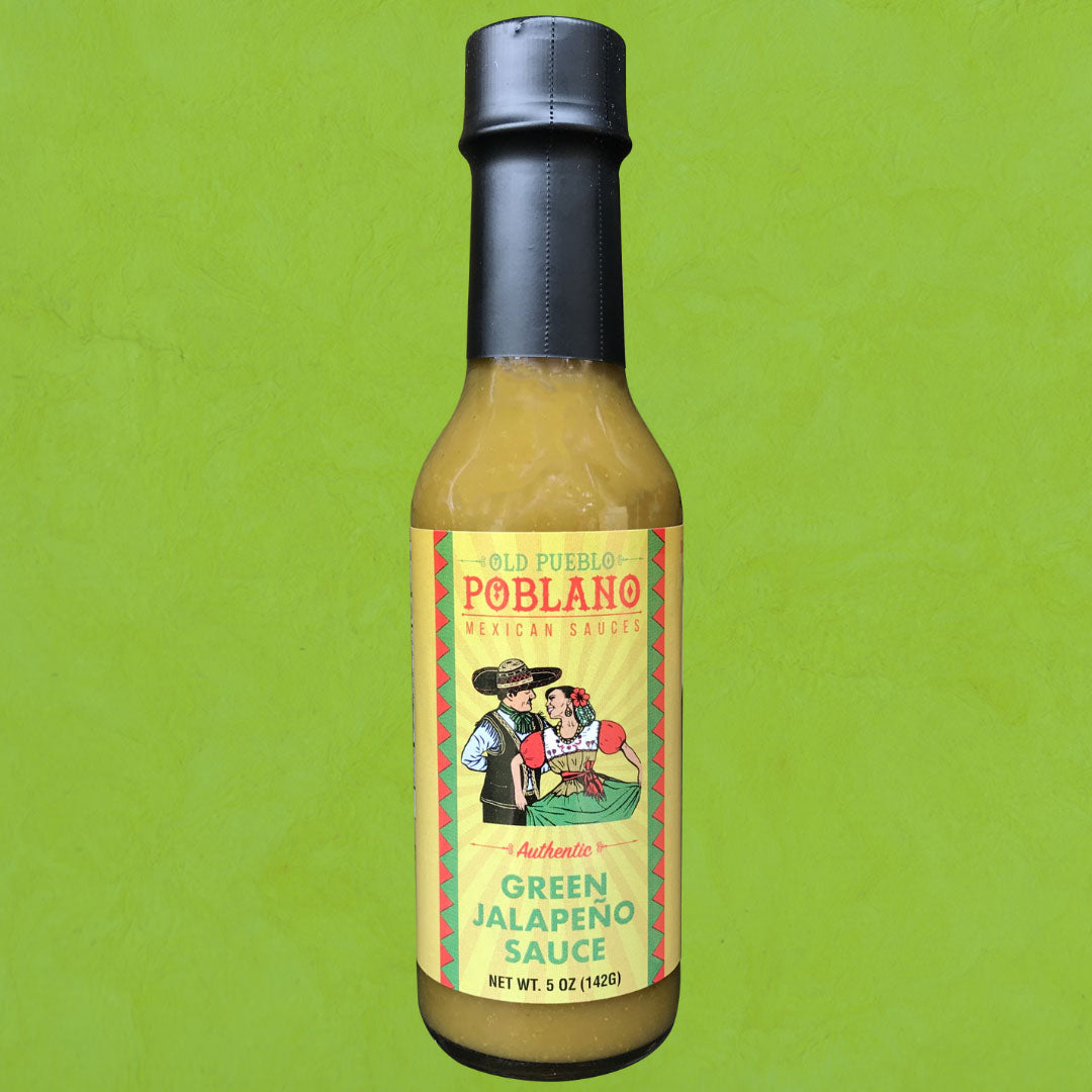 Bottle of Old Pueblo Poblano Green Jalapeno Sauce on a green background