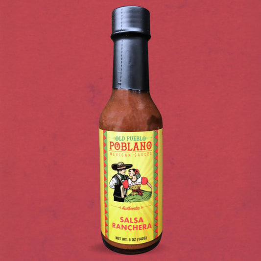 Bottle of Old Pueblo Poblano Salsa Ranchera on a red background