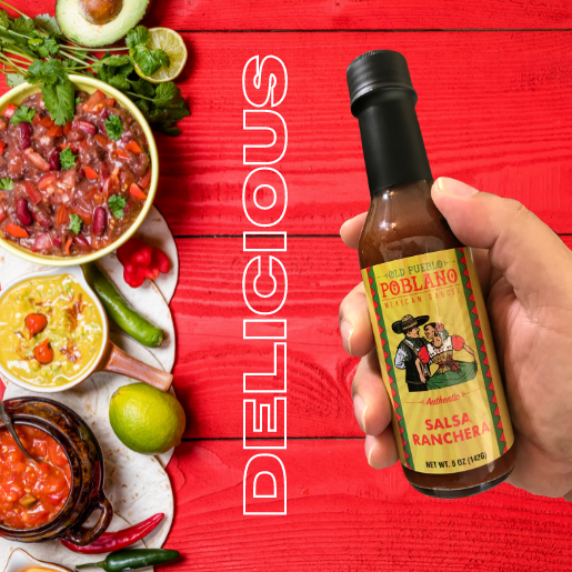 Hand holding Salsa Ranchera Sauce Emphasizing Delicious