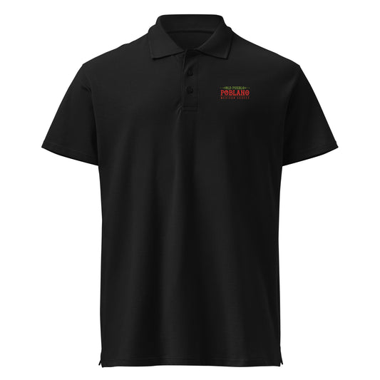 Black polo shirt with an Old Pueblo Poblano logo on the chest against a white background