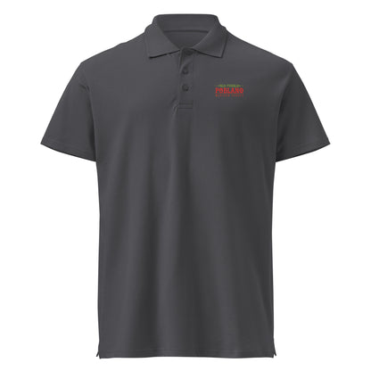 Mouse Grey polo shirt with an Old Pueblo Poblano logo on the chest against a white background