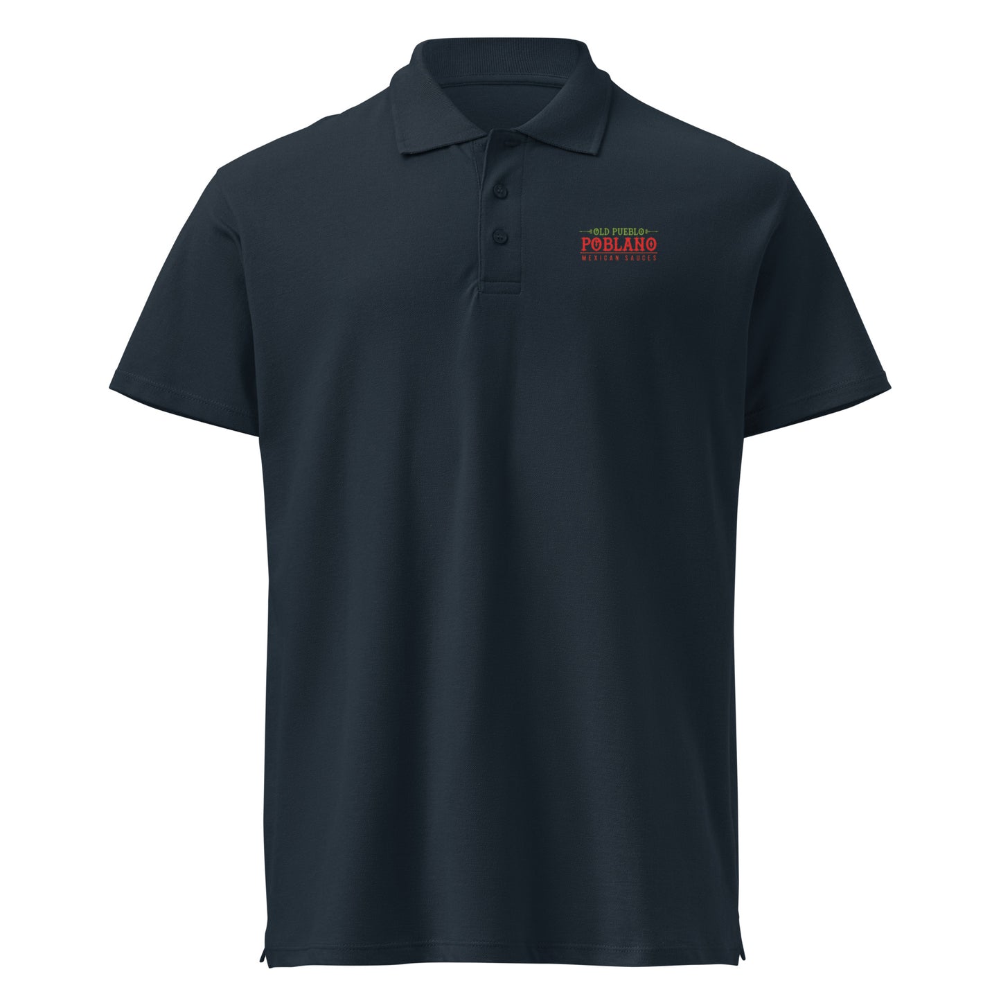 Navy polo shirt with an Old Pueblo Poblano logo on the chest against a white backgroundProduct mockup