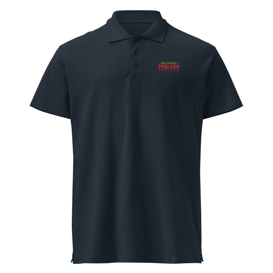 Navy polo shirt with an Old Pueblo Poblano logo on the chest against a white backgroundProduct mockup