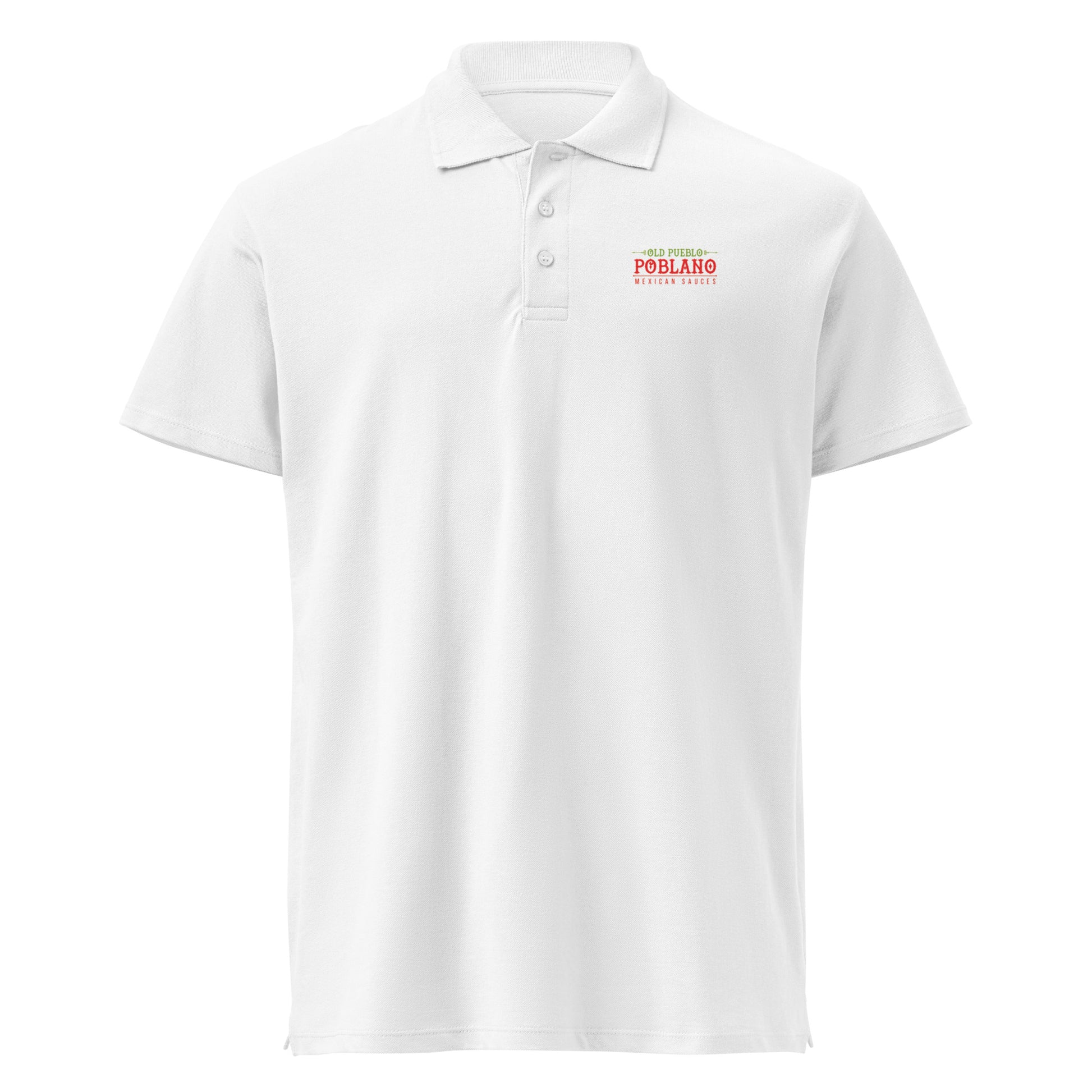 White polo shirt with an Old Pueblo Poblano logo on the chest against a white background