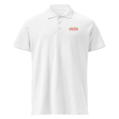 White polo shirt with an Old Pueblo Poblano logo on the chest against a white background
